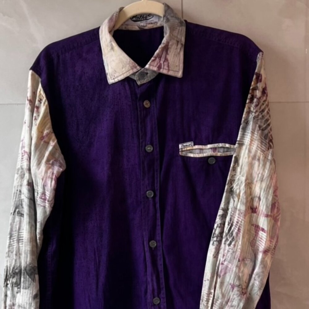 Vintage 90's Patheo Paris Purple Shirt Size 42 Colorblock Silk Blend Sleeve